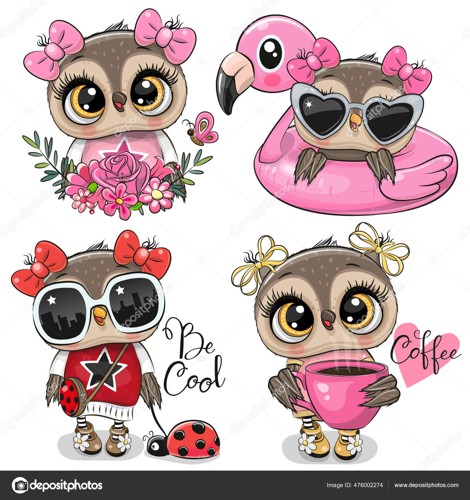 Sett Søte Tegneserieugler Hvit Bakgrunn stockvektor © Reginast777 #476002274, image size:1600x1700