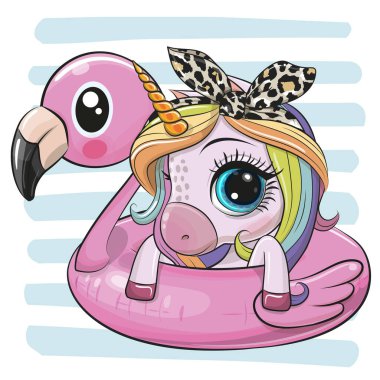 Havuzda yüzen şirin çizgi film Tekboynuz şişirilebilir flamingo.