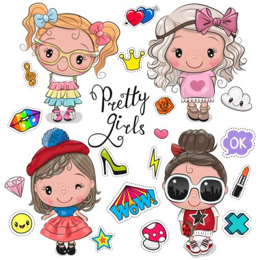 Set of Four Cute cartoon girls and design elements on a white background clipart
