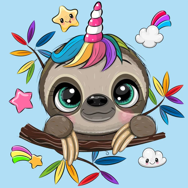 Cute Cartoon Sloth Unicorn Horn Blue Background - Stok Vektor