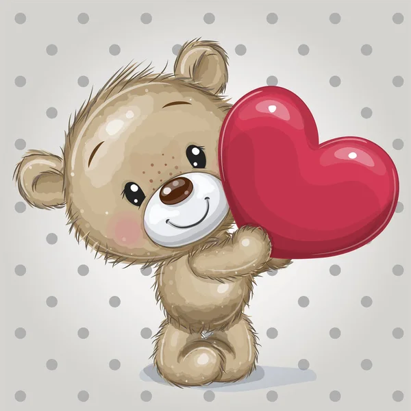 Cute Cartoon Teddy Bear Heart Dots Background — Stock Vector