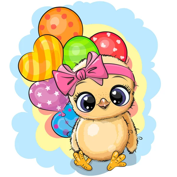 带气球的可爱卡通小鸡女贺卡 — 图库矢量图片