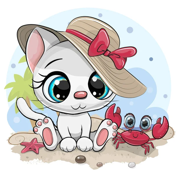 Cartoon White Kitty Hat Cute Crab Beach — Stock Vector