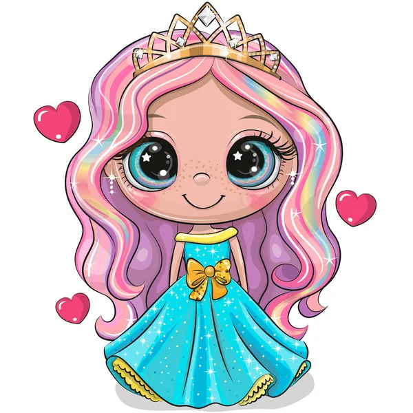 Linda Pequeña Princesa Dibujos Animados Vestido Azul Con Corazones Aislados — Archivo Imágenes Vectoriales