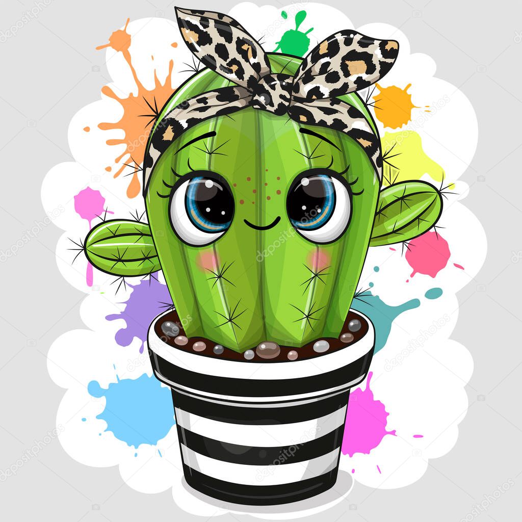 Cute Cartoon Cactus with bow with eyes on the blobs background