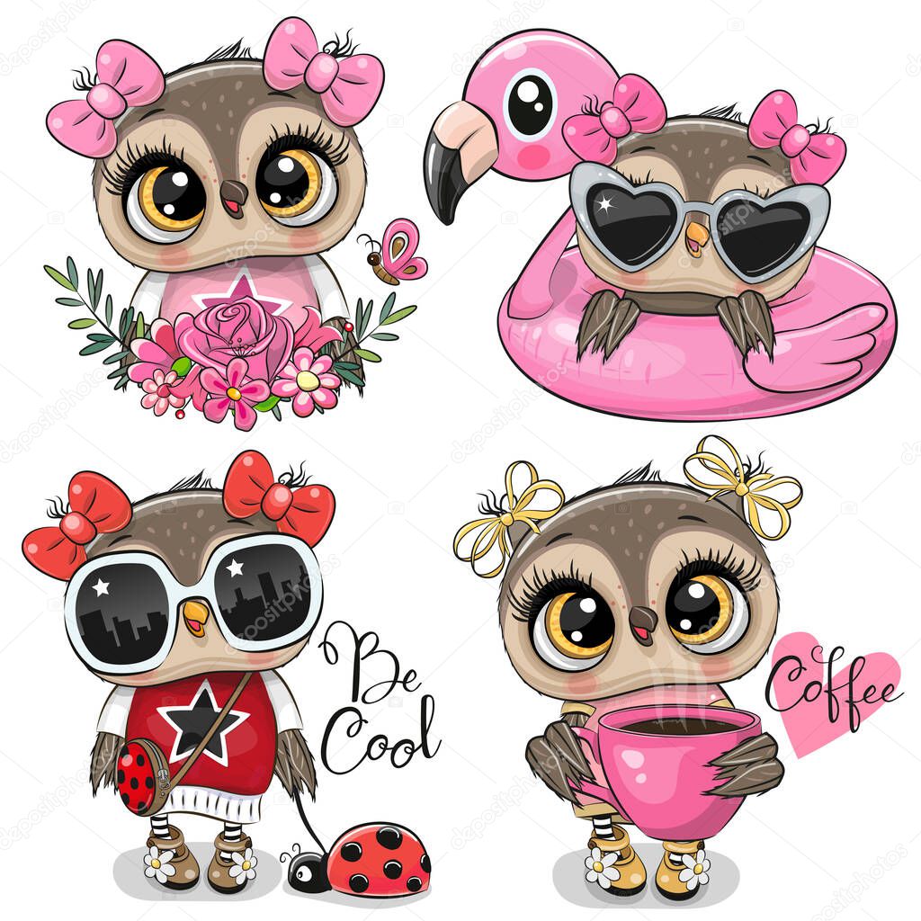 Set of cute cartoon owls on a white background