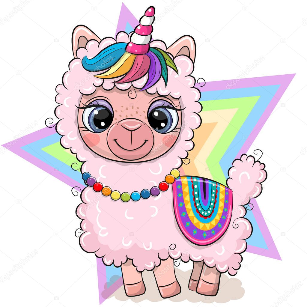 Cute Cartoon Pink Alpaca with Unicorn horn isolated on a star background