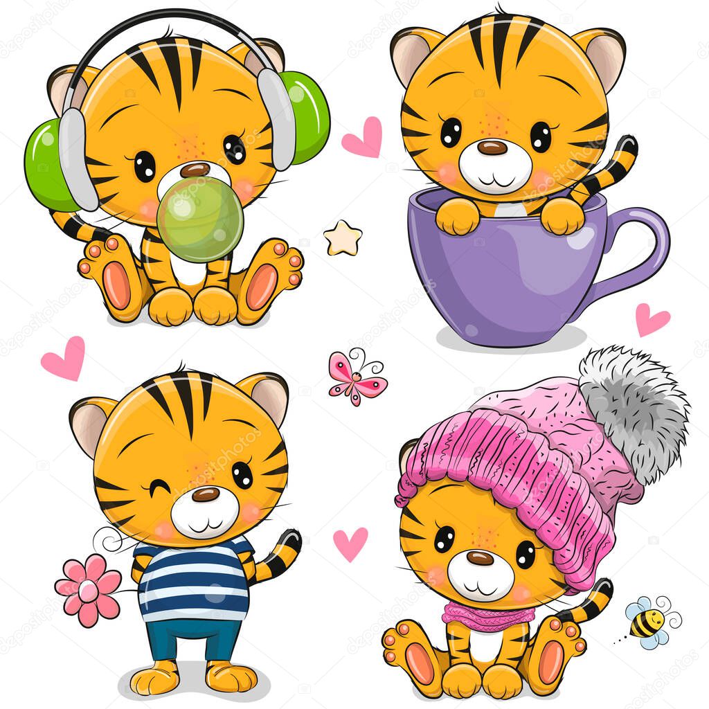 Set of Cute Cartoon Tigers isolated on a white background