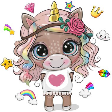 Beyaz elbiseli, uzun saçlı şirin tek boynuzlu at çizgi filmi.