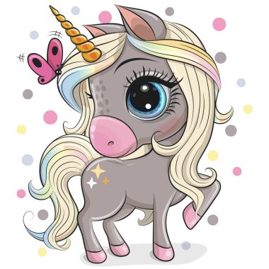 Beyaz bir arka planda izole edilmiş gökkuşağı yelesi olan şirin tek boynuzlu at çizgi filmi.