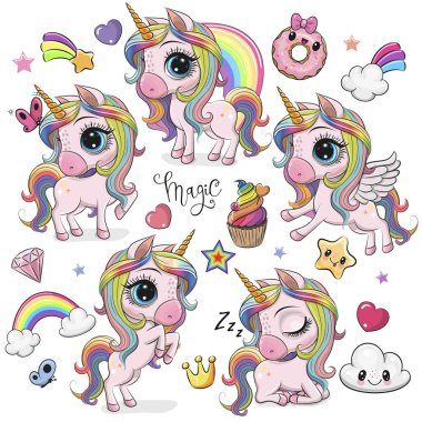 Beyaz arkaplanda izole edilmiş şirin tek boynuzlu atlar.