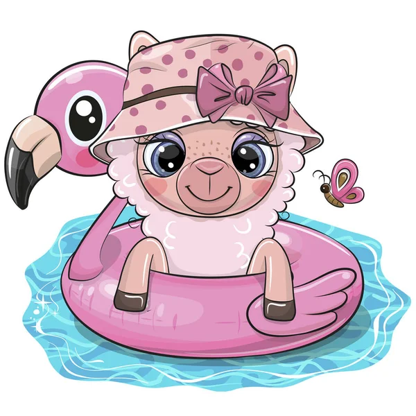 Cute Cartoon Alpaca Pływaniu Pierścień Bilardowy Nadmuchiwany Flamingo — Wektor stockowy