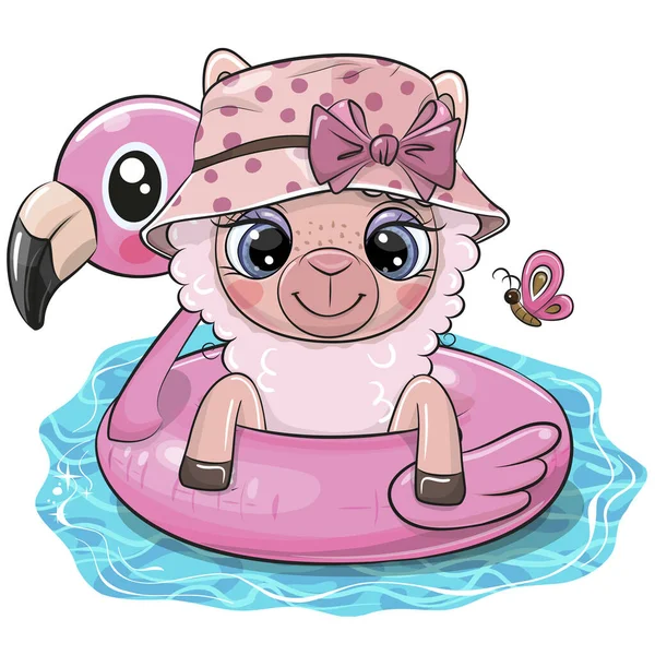 Linda Alpaca Dibujos Animados Natación Anillo Piscina Flamenco Inflable — Vector de stock