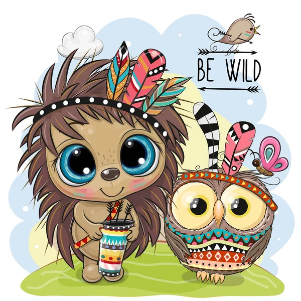 Bonito Cartoon Tribal Ouriço Coruja Com Pena — Vetor de Stock