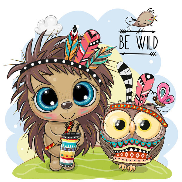 Cute Cartoon tribal Hedgehog and owl with feather