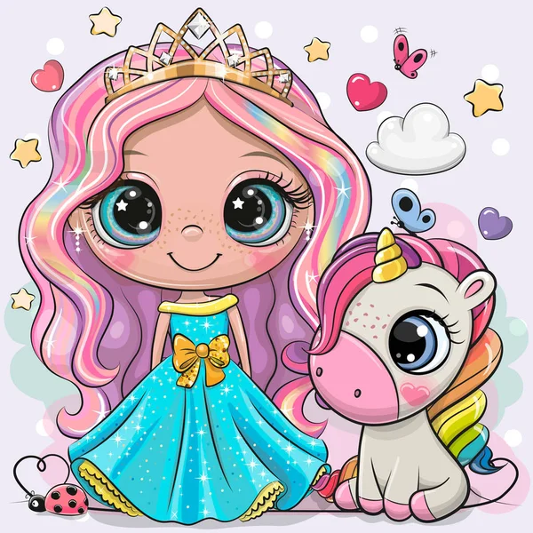 Cartão Saudação Com Bonito Conto Fadas Dos Desenhos Animados Princesa —  Vetores de Stock