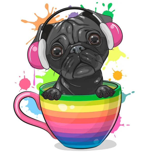 Anjing Pug Kartun Yang Lucu Dengan Headphone Sedang Duduk Cangkir - Stok Vektor