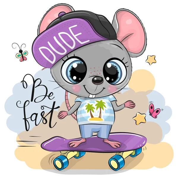 Cute Mouse Dengan Topi Ungu Dan Skateboard - Stok Vektor