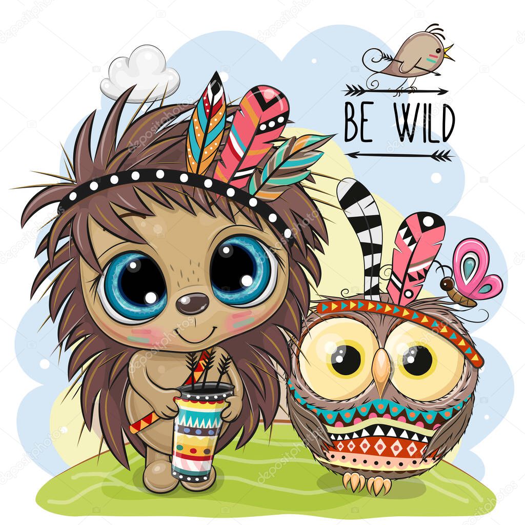 Cute Cartoon tribal Hedgehog and owl with feather