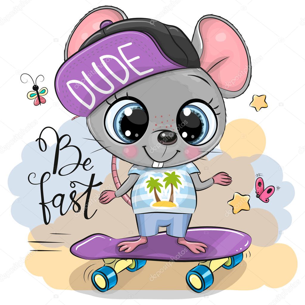 Cute Mouse with a purple cap and a skateboard