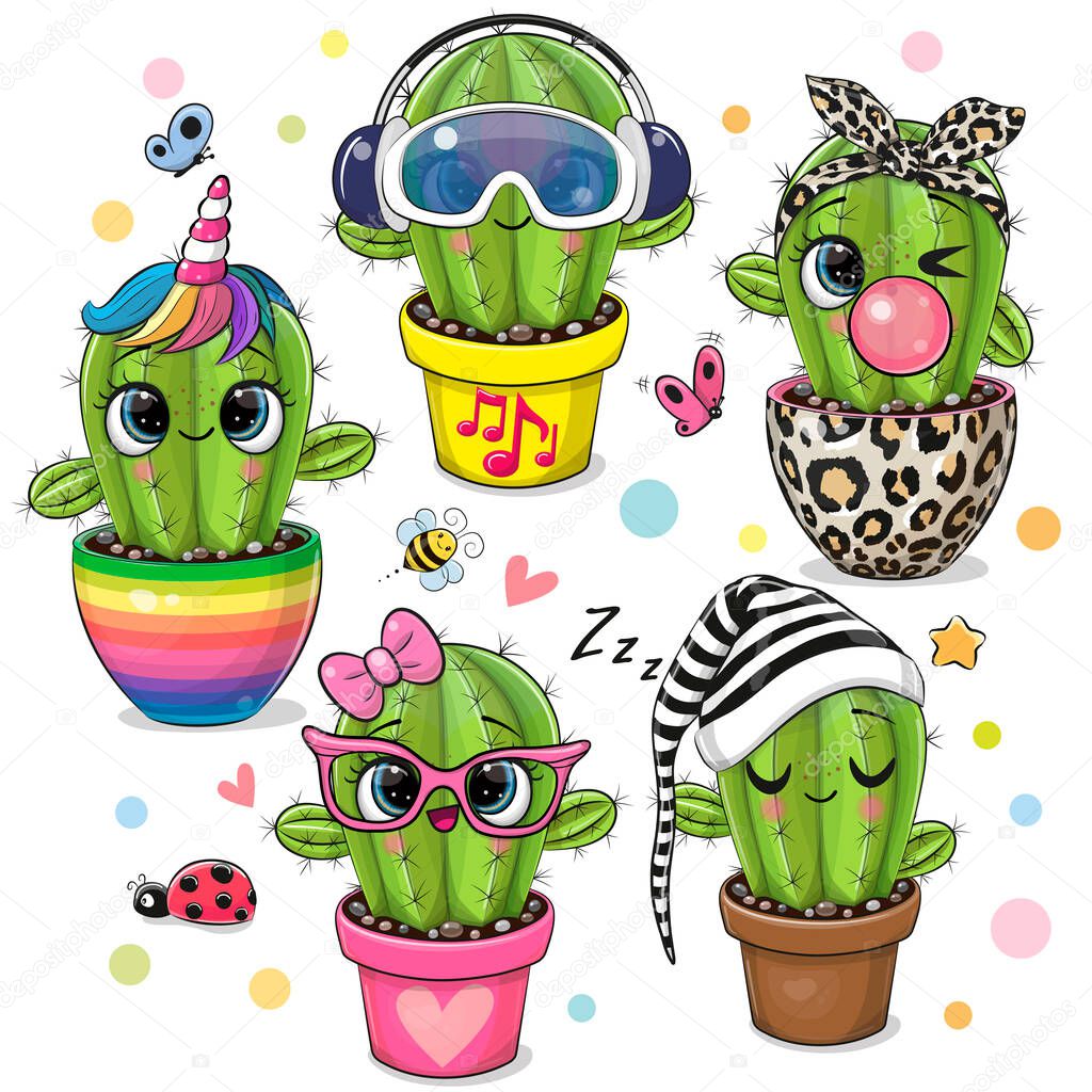 Set of Cute Cartoon Cactus with eyes on the white background