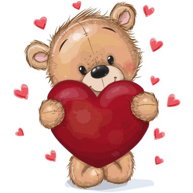 Cute Cartoon Teddy Bear with heart on a hearts background