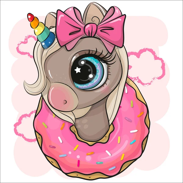 Cute Cartoon Unicorn Donut Pink Background — 图库矢量图片