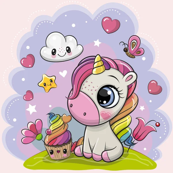 Carino Cartone Animato Unicorno Con Cupcake Sul Prato — Vettoriale Stock