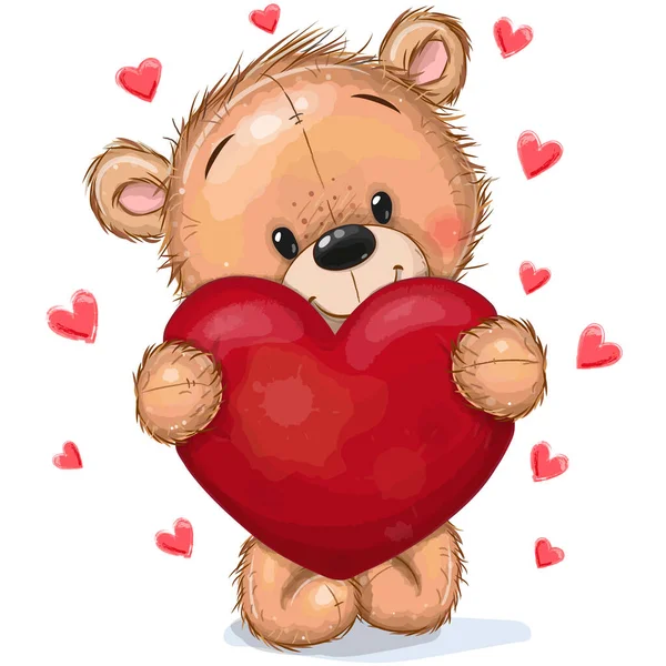 Carino Cartoon Teddy Orsacchiotto Con Cuore Uno Sfondo Cuori — Vettoriale Stock