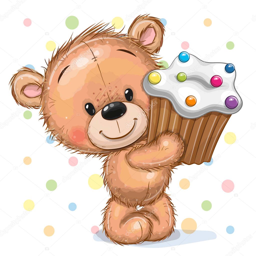 Cute Cartoon Teddy Bear with Cupcake on a dots background