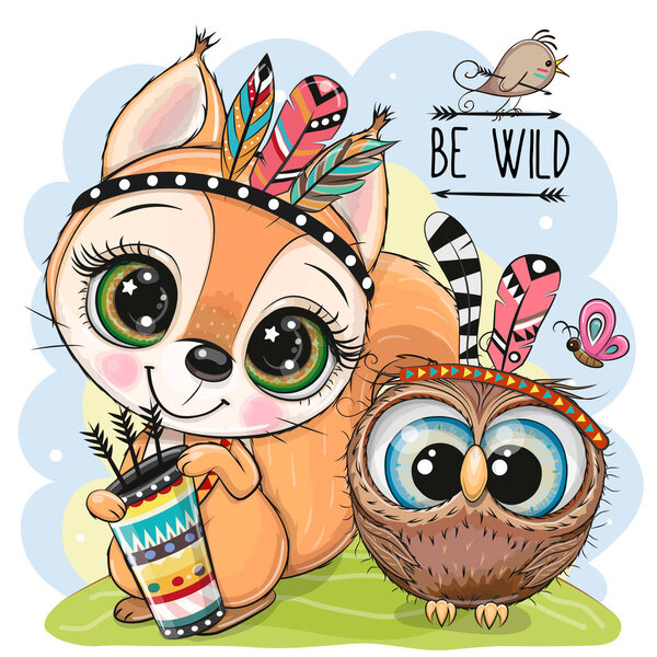 Симпатичный карикатурный племенной скряга и сова с феей