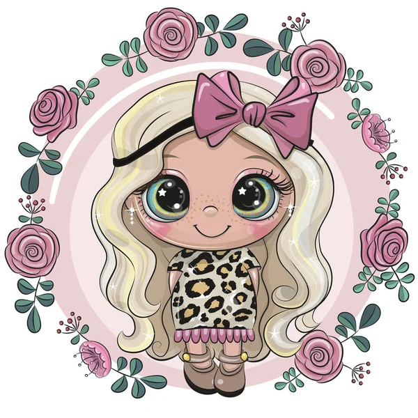 Linda Chica Dibujos Animados Vestido Estampado Leopardo Con Arco Marco — Vector de stock