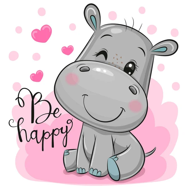 Greeting Card Cute Cartoon Hippo Pink Background — Stock Vector