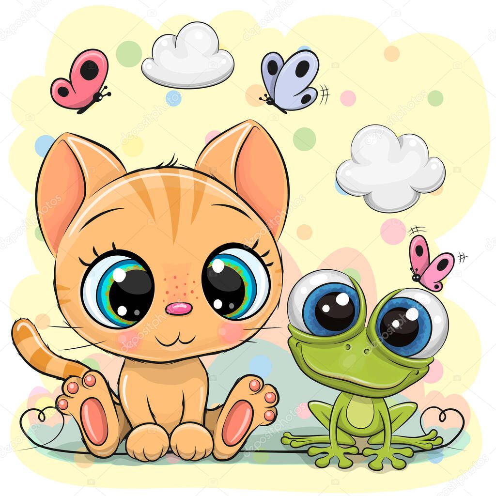 Illustration of cute Kitten and frog and butterflies on a blue background