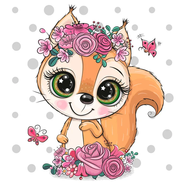 Cute Cartoon Squirrel Flowers White Background — Stock vektor