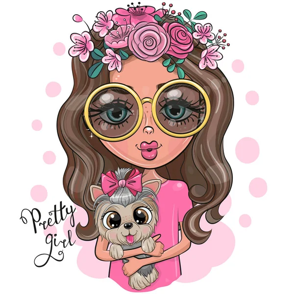 Linda Chica Dibujos Animados Gafas Con Flores Sostiene Yorkshire Terrier — Vector de stock