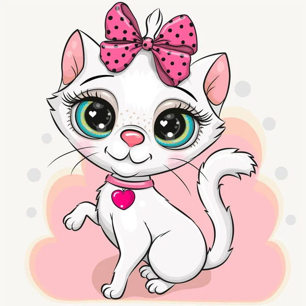 Cute Cartoon White Kitten Pink Bow White Background — Stock vektor