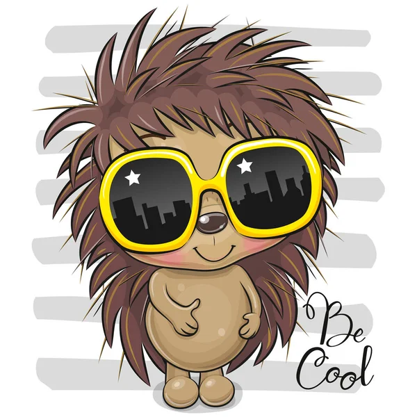 Hedgehog Cool Cartoon Con Gafas Sol Amarillas Sobre Fondo Rayado — Vector de stock