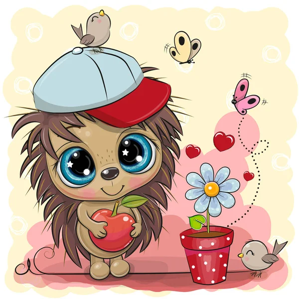 Ευχετήρια Κάρτα Χαριτωμένο Καρτούν Hedgehog Αγόρι Λουλούδι — Διανυσματικό Αρχείο