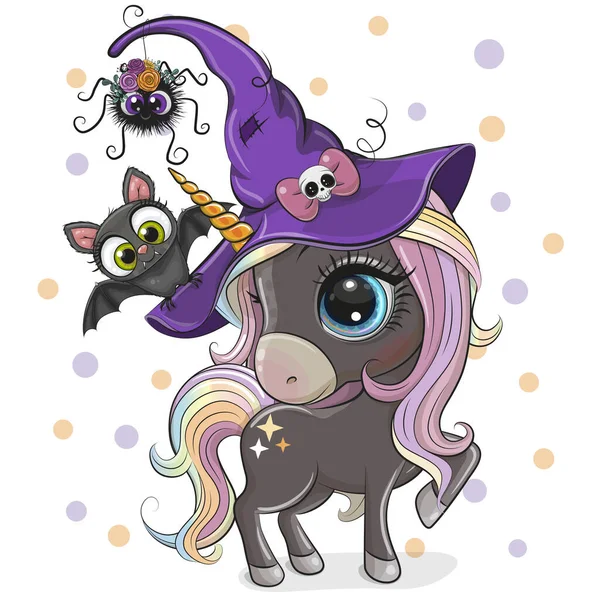 Saudação Halloween Card Unicórnio Bonito Dos Desenhos Animados Com Morcego — Vetor de Stock