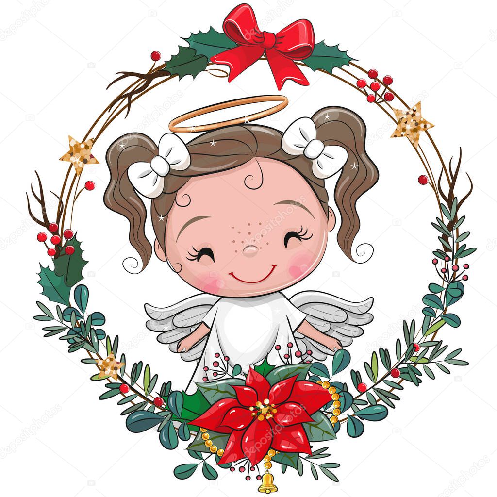 Cute Cartoon Angel with christmas wreath on a white background