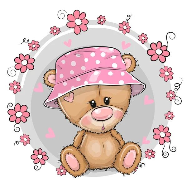 可爱的卡通玩具熊女孩戴着巴拿马式的帽子 免版税图库插图