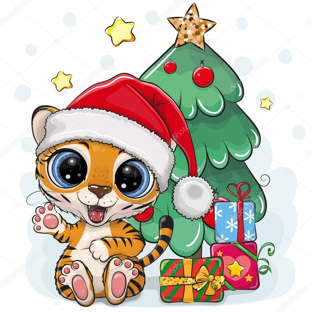 Cute Cartoon Tiger is near the Christmas tree
