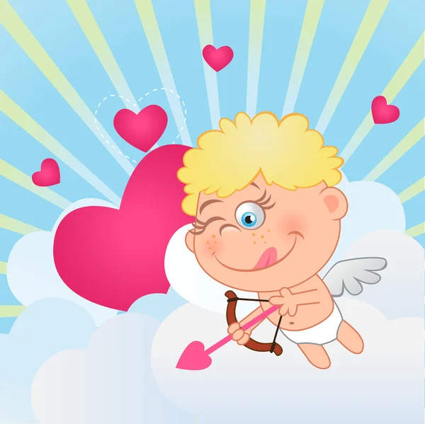 Cupid takes aim in the clouds — Stock Vector