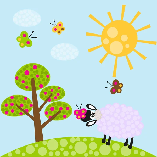 Moutons et papillons dans la prairie — Image vectorielle