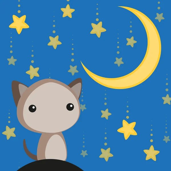 Gato sentado bajo la luna — Vector de stock
