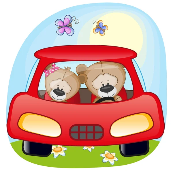 Bir arabada iki oyuncak ayılar — Stok Vektör