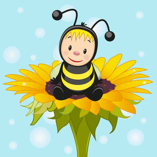 Cartoon bee on the flower — Stock Vector