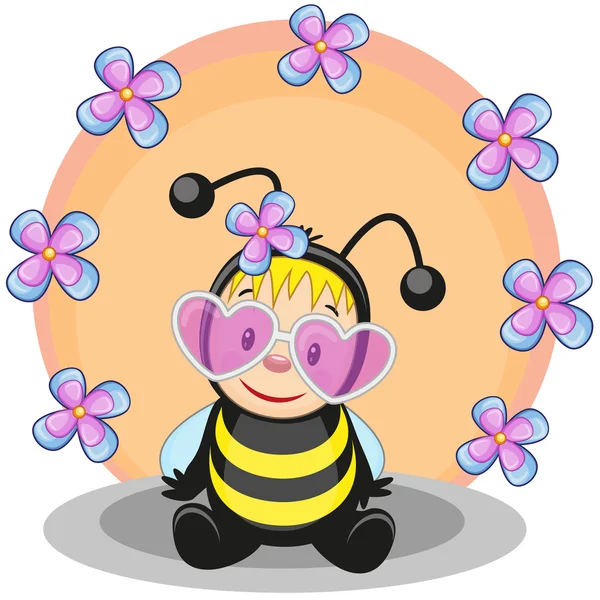 Cartoon bee with flowers — Stock Vector