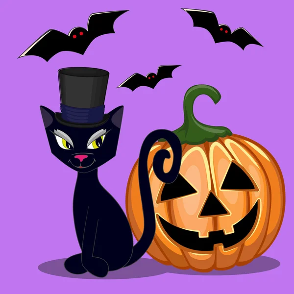 Chat Halloween avec citrouille — Image vectorielle